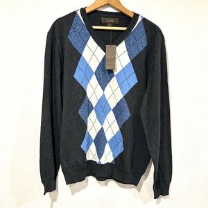 NWT Tasso Elba Men's Charcoal Gray Argyle Sweater V-Neck Cotton Knit Size M